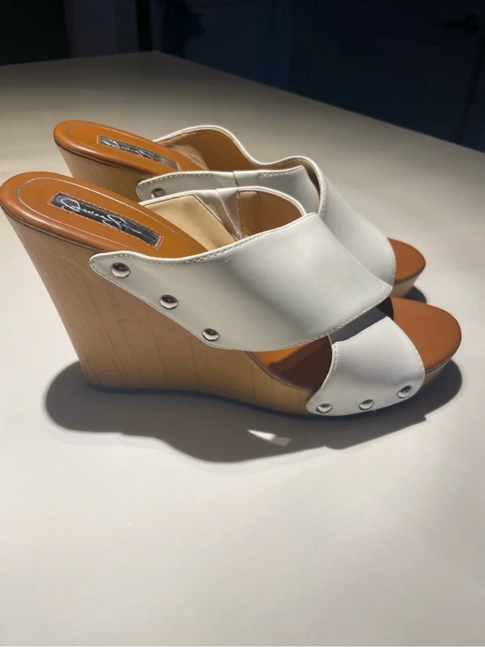 Jessica Simpson White Leather Wedge Slide Sandals with Wood-Look Platform